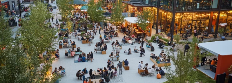 Standortmarketing_Belebter Platz mit moderner Architektur Standortmarketing_ Man sieht einen belebten, öffentlichen Platz mit vielen Sitzgelegenheiten umrahmt von modernen Gebäuden